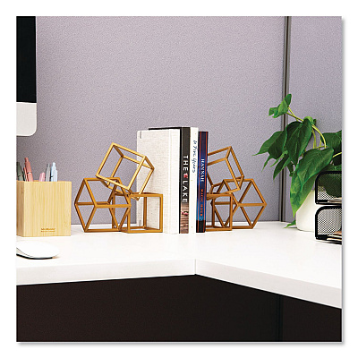 Mind Reader Geometric Cube Metal Bookends, Nonskid Base, 4.25 x 6 x 6, Iron, Gold (BLOCKS2GLD)