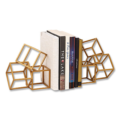Mind Reader Geometric Cube Metal Bookends, Nonskid Base, 4.25 x 6 x 6, Iron, Gold (BLOCKS2GLD)