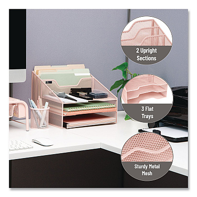 Mind Reader Metal Desk Organizer Letter Tray, 5 Sections, Letter Size, 11.5 x 12.5 x 9.5, Pink (MESHBOX5PNK)