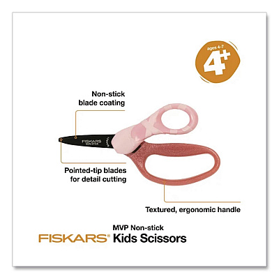 Fiskars MVP Dance Kid's Scissors, Pointed Tip, 5" Long, Straignt Pink Handle (1073415)