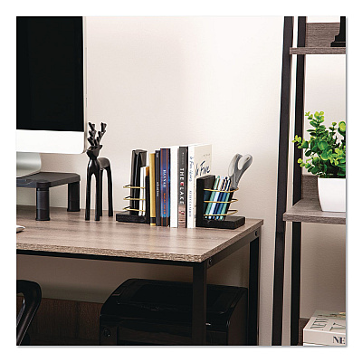 Mind Reader Wood Decorative Basket Bookends, Nonslip Base, 4 x 4 x 5, Wood/Metal, Brown/Gold (BOOKBASK2BLK)