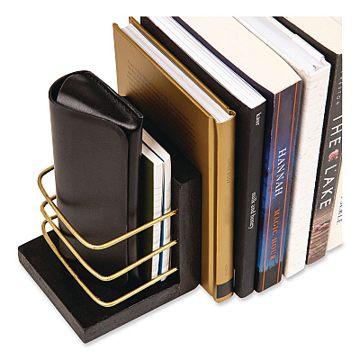 Mind Reader Wood Decorative Basket Bookends, Nonslip Base, 4 x 4 x 5, Wood/Metal, Brown/Gold (BOOKBASK2BLK)