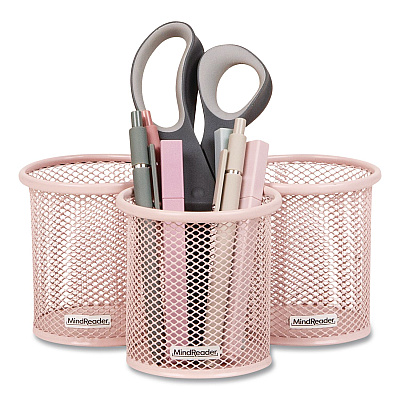Mind Reader Metal Pen Holder, 3.5" x 3.5" x 3.75", Pink, 3 Pieces/Set (CLIPMESH3PNK)