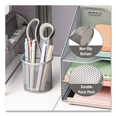 Mind Reader Metal Pen Holder, 3.5" x 3.5" x 3.75", Silver, 3 Pieces/Set (CLIPMESH3SIL)