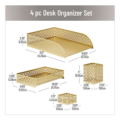 Mind Reader Metal Desk Organizer Set, Gold, 4 Pieces (DESK4GLD)
