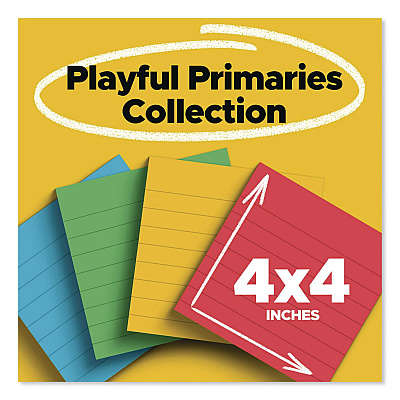 Post-it Notes Super Sticky Pads in Playful Primary Colors, Note Ruled, 4" x 4", 90 Sheets/Pad, 4 Pads/Pack (6754SSAN)