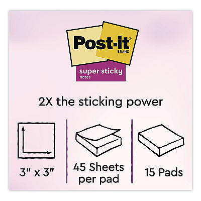 Post-it Notes Super Sticky Super Sticky Notes, 3" x 3", Randomly Assorted Energy Boost and Playful Primaries Colors, 45 Sheets/Pad, 15 Pads/Pack (65415SSPS2)
