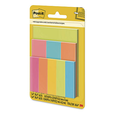 Post-it Notes Combo Pack with Pagemarkers, (1) 3" x 4", (3) 0.88" x 2.87", (5) 0.5" x 1.7", Randomly Assorted Bright Colors, 50 Sheets/Pad (670COMBO)