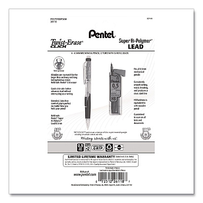 Pentel Twist-Erase CLICK Mechanical Pencil, 0.5 mm, HB (#2), Assorted Barrel Colors, 6/Pack (PD275TLBPS6M)