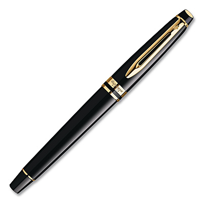 Waterman Expert Fountain Pen Gift Box, Medium Nib, Blue Ink, Black Barrel with 23K Gold Accents (S0951660)