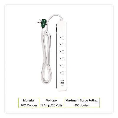 GoGreen Power 6 Outlet Surge Protector with USB, 6 AC Outlets/3 USB Ports, 6 ft Cord, 450 J, White (GG1662USBC)