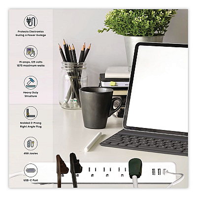GoGreen Power 6 Outlet Surge Protector with USB, 6 AC Outlets/3 USB Ports, 6 ft Cord, 450 J, White (GG1662USBC)