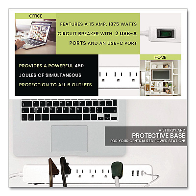 GoGreen Power 6 Outlet Surge Protector with USB, 6 AC Outlets/3 USB Ports, 6 ft Cord, 450 J, White (GG1662USBC)