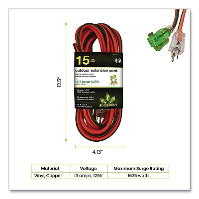 GoGreen Power 16 AWG Extension Cord Lighted End, 15 ft, 13 A, Orange (GG13715)