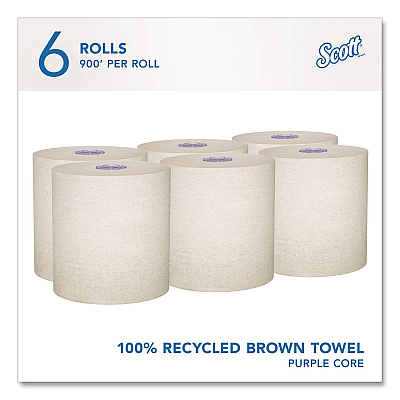 Scott 100% Recycled Hard Roll Paper Towels, 1-Ply, 8" x 900 ft, Brown, 6/Carton (58671CT)