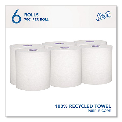 Scott 100% Recycled Hard Roll Paper Towels, 1-Ply, 8" x 700 ft, White, 6/Carton (58423CT)
