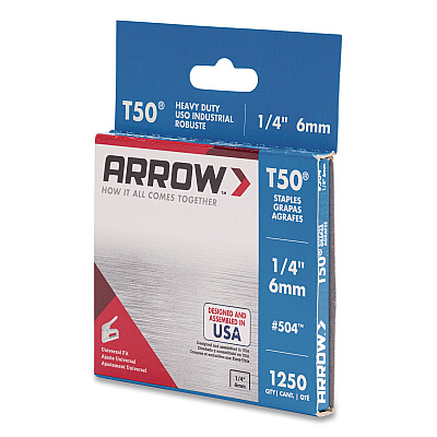 T50 Heavy Duty Staples, 0.25" Leg, 0.38" Crown, Silver, 1,250/Box (504BX)