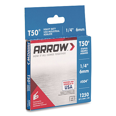 T50 Heavy Duty Staples, 0.25" Leg, 0.38" Crown, Silver, 1,250/Box (504BX)