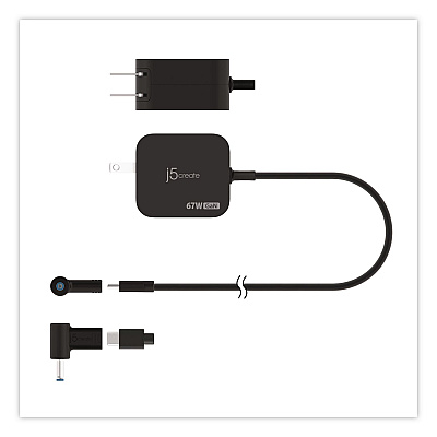j5create GaN 67 W USB-C Mini Charger with 4.5 mm Converter, Black (JUP1565)