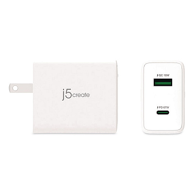 j5create 67 W GaN USB-C/USB-A Two-Port Charger, White (JUP2367)