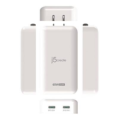 j5create 65 W USB-C Two-Port GaN PD Charger, White (JUP2465)