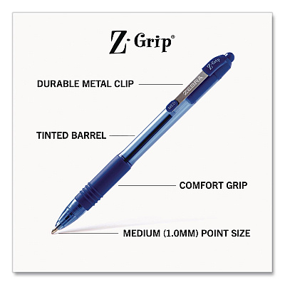 Zebra Z-Grip Ballpoint Pen, Retractable, Medium 1 mm, Blue Ink and Barrel, 24/Pack (20324)