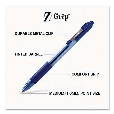 Zebra Z-Grip Ballpoint Pen, Retractable, Medium 1 mm, Blue Ink, Transparent Blue Barrel, 96/Pack (22296)