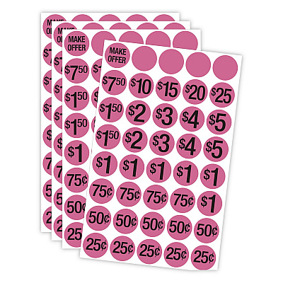 COSCO Pre-Printed Pricing Stickers, 0.75" diameter, Assorted, Pink, 1,000/Pack (098558)