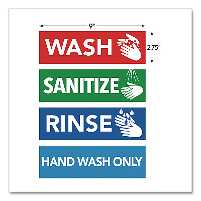 COSCO Wash, Rinse, Sanitize, Hand Wash Only Decals, 2.75 x 9", Assorted Colors, 4/Pack (098560)