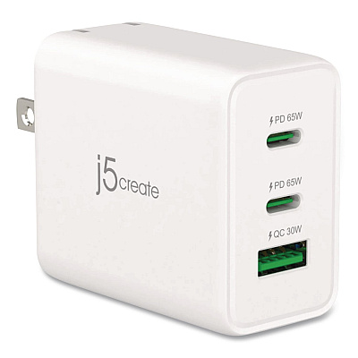 j5create 65 W GaN USB-A/USB-C Three-Port Charger, White (JUP3365)
