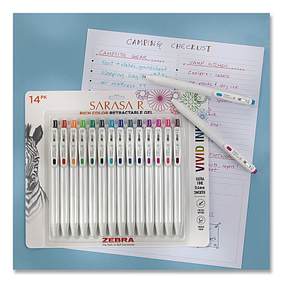 Zebra Sarasa R Gel Pen, Retractable, Extra Fine 0.4 mm, Assorted Ink Colors, White Barrels, 14/Pack (47714)