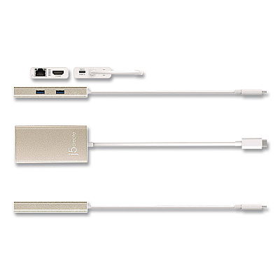 j5create USB-C to HDMI Audio/Video Adapter, HDMI/USB-C/RJ45, 9.45" Gold/White (JCA374US)