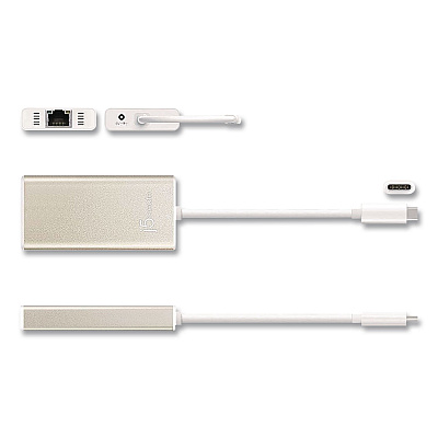 j5create USB-C to Ethernet Adapter, RJ45/USB-A/USB-C, 5.71", Gold/White (JCH471US)