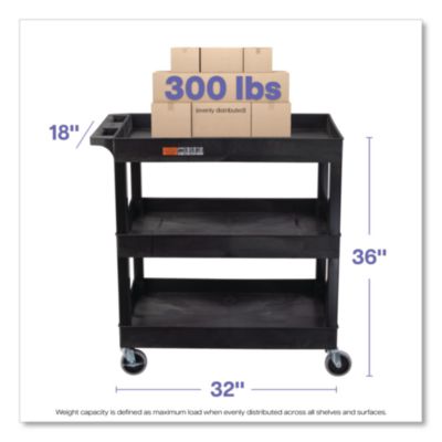 Luxor Tuffy XL Three-Shelf Utility Cart with Tub Shelves, Plastic, 300 lb Capacity, 35" x 18" x 36", Black (EC111B)