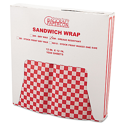 Bagcraft Grease-Resistant Paper Wraps and Liners, 12 x 12, Red Check, 1,000/Box, 5 Boxes/Carton (BGC057700)