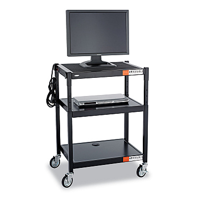 Safco Adjustable-Height Steel AV Cart, Metal, 3 Shelves, (5) AC Outlets, 120 lb Capacity, 27.25" x 18.25" x 36.5", Black (SAF8932BL)