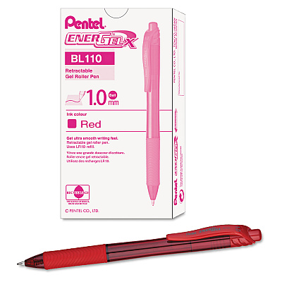 Pentel EnerGel-X Gel Pen, Retractable, Bold 1 mm, Red Ink, Translucent Red/Red Barrel, Dozen (PENBL110B)