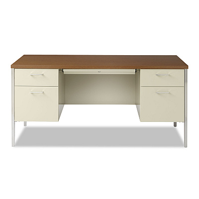 Alera Double Pedestal Steel Desk, 60" x 30" x 29.5", Cherry/Putty, Chrome-Plated Legs (ALESD6030PC)
