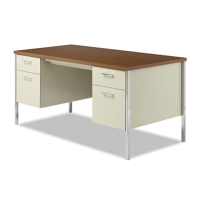 Alera Double Pedestal Steel Desk, 60" x 30" x 29.5", Cherry/Putty, Chrome-Plated Legs (ALESD6030PC)