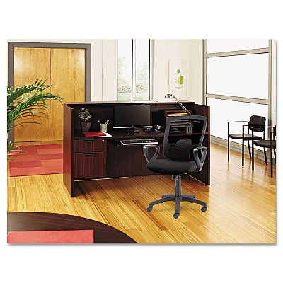 Alera Valencia Series Reception Desk with Transaction Counter, 71" x 35.5" x 29.5" to 42.5", Mahogany (ALEVA327236MY)
