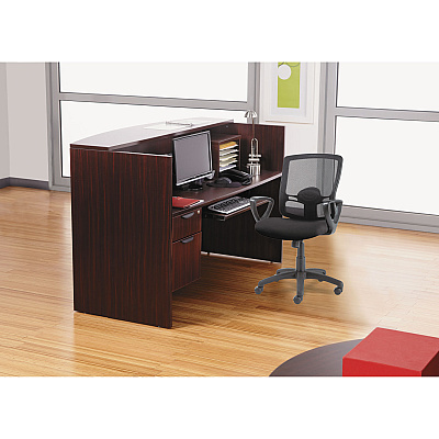 Alera Valencia Series Reception Desk with Transaction Counter, 71" x 35.5" x 29.5" to 42.5", Mahogany (ALEVA327236MY)