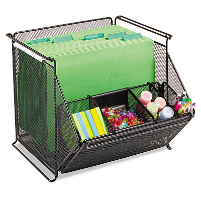 Safco Onyx Stackable Mesh Storage Bin, 4 Compartments, Steel Mesh, 14 x 15.5 x 11.75, Black (SAF2164BL)