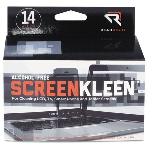 Read Right ScreenKleen Alcohol-Free Wipes, Cloth, 5 x 5, Unscented, 14/Box (RR1291)