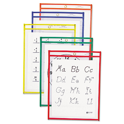 C-Line Reusable Dry Erase Pockets, 9 x 12, Assorted Primary Colors, 5/Pack (CLI40630)