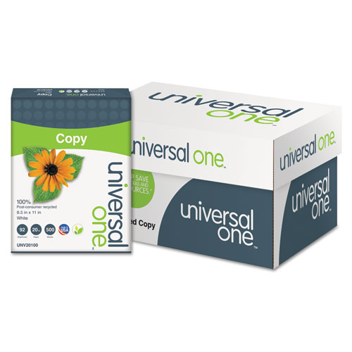 Universal 100% Recycled Copy Paper, 92 Bright, 20 lb Bond Weight, 8.5 x 11, White, 500 Sheets/Ream, 10 Reams/Carton (20100)