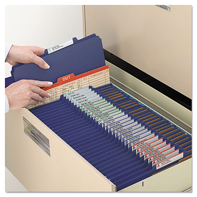Smead 6-Section Pressboard Top Tab Pocket Classification Folders, 6 SafeSHIELD Fasteners, 2 Dividers, Letter Size, Dark Blue, 10/BX (SMD14077)