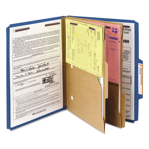 Smead 6-Section Pressboard Top Tab Pocket Classification Folders, 6 SafeSHIELD Fasteners, 2 Dividers, Letter Size, Dark Blue, 10/BX (14077)