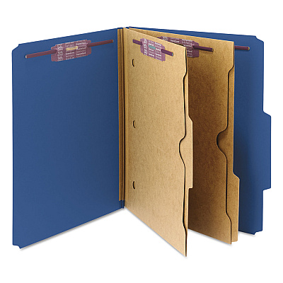 Smead 6-Section Pressboard Top Tab Pocket Classification Folders, 6 SafeSHIELD Fasteners, 2 Dividers, Letter Size, Dark Blue, 10/BX (SMD14077)