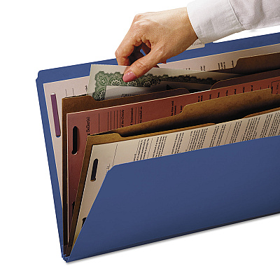 Smead 6-Section Pressboard Top Tab Pocket Classification Folders, 6 SafeSHIELD Fasteners, 2 Dividers, Letter Size, Dark Blue, 10/BX (SMD14077)