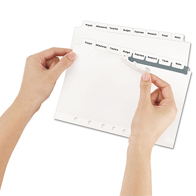 Avery Print and Apply Index Maker Clear Label Dividers with Label Strip/White Tabs, 7-Hole Punched, 8-Tab, 8.5 x 5.5, White, 1 Set (AVE11427)